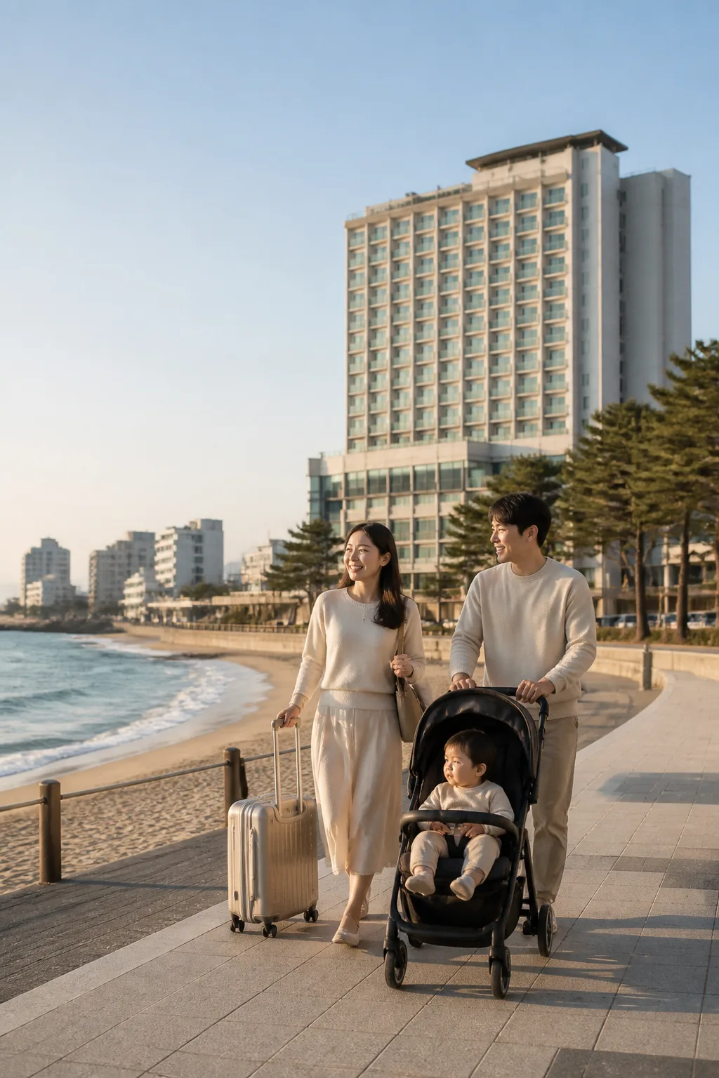 강릉 바다와 호텔 주변을 유모차와 함께 이동하는 가족 여행객