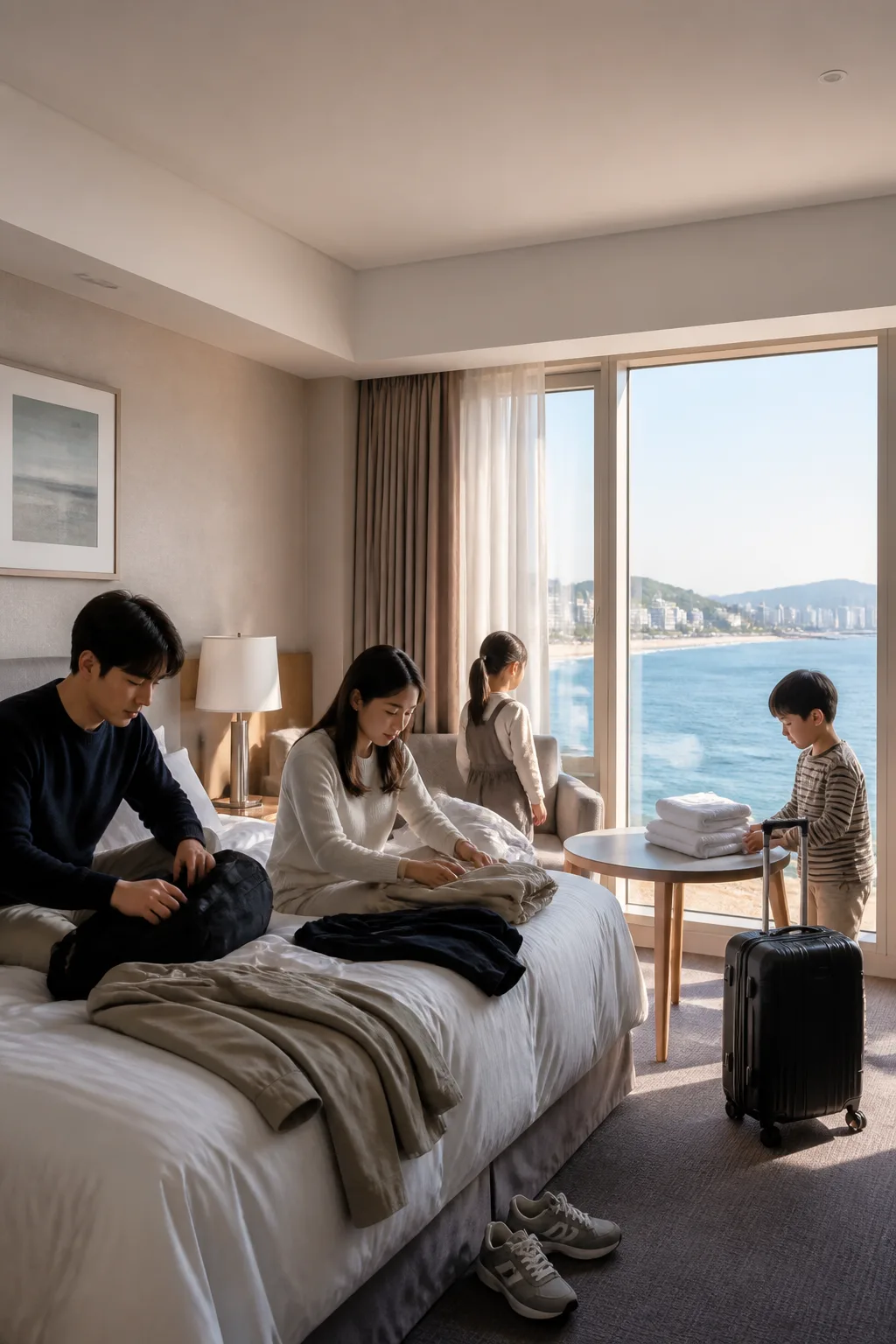 강릉 바다 일정 뒤 호텔 객실에서 쉬며 짐을 정리하는 여행객 모습