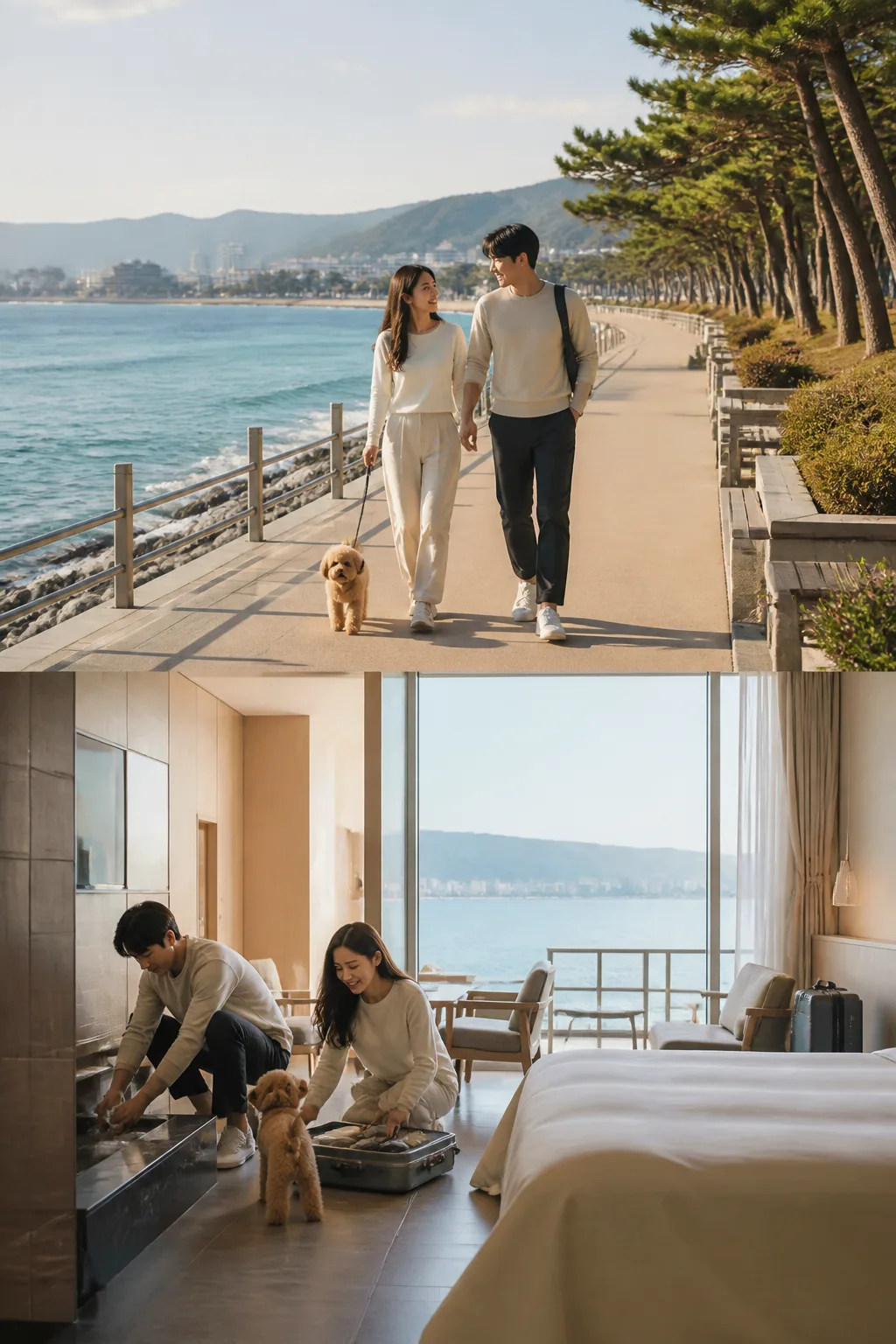 강릉호텔 앞에서 반려견과 해변 산책 후 여행을 준비하는 커플