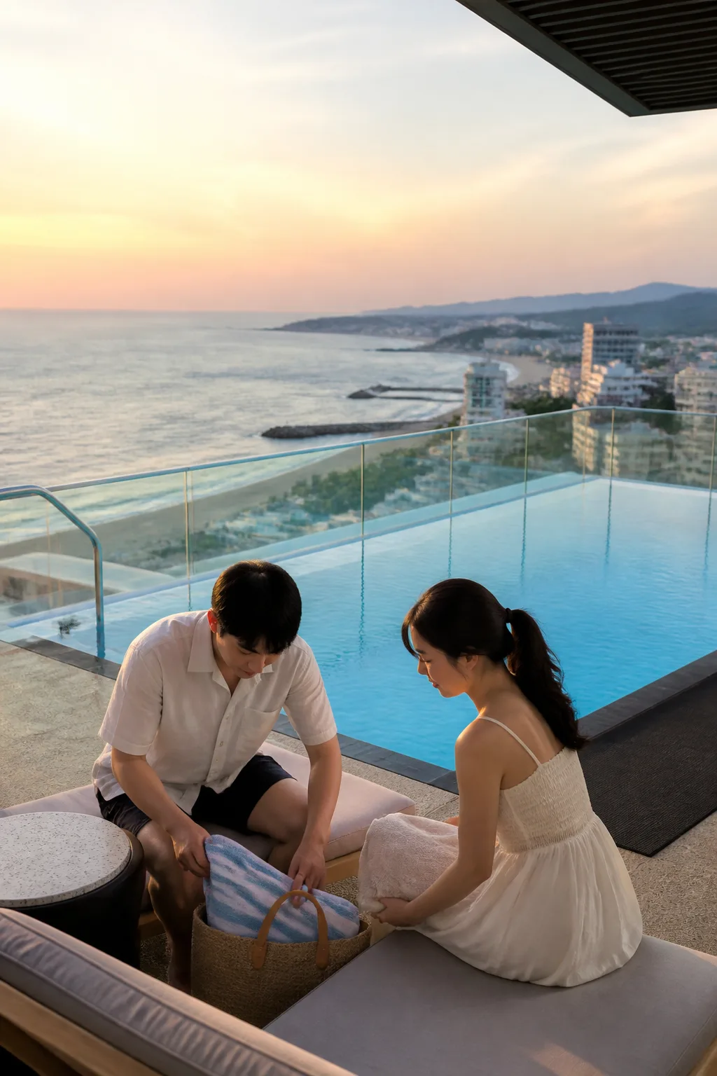강릉호텔 수영장과 동해 바다를 함께 즐기는 커플 여행 장면