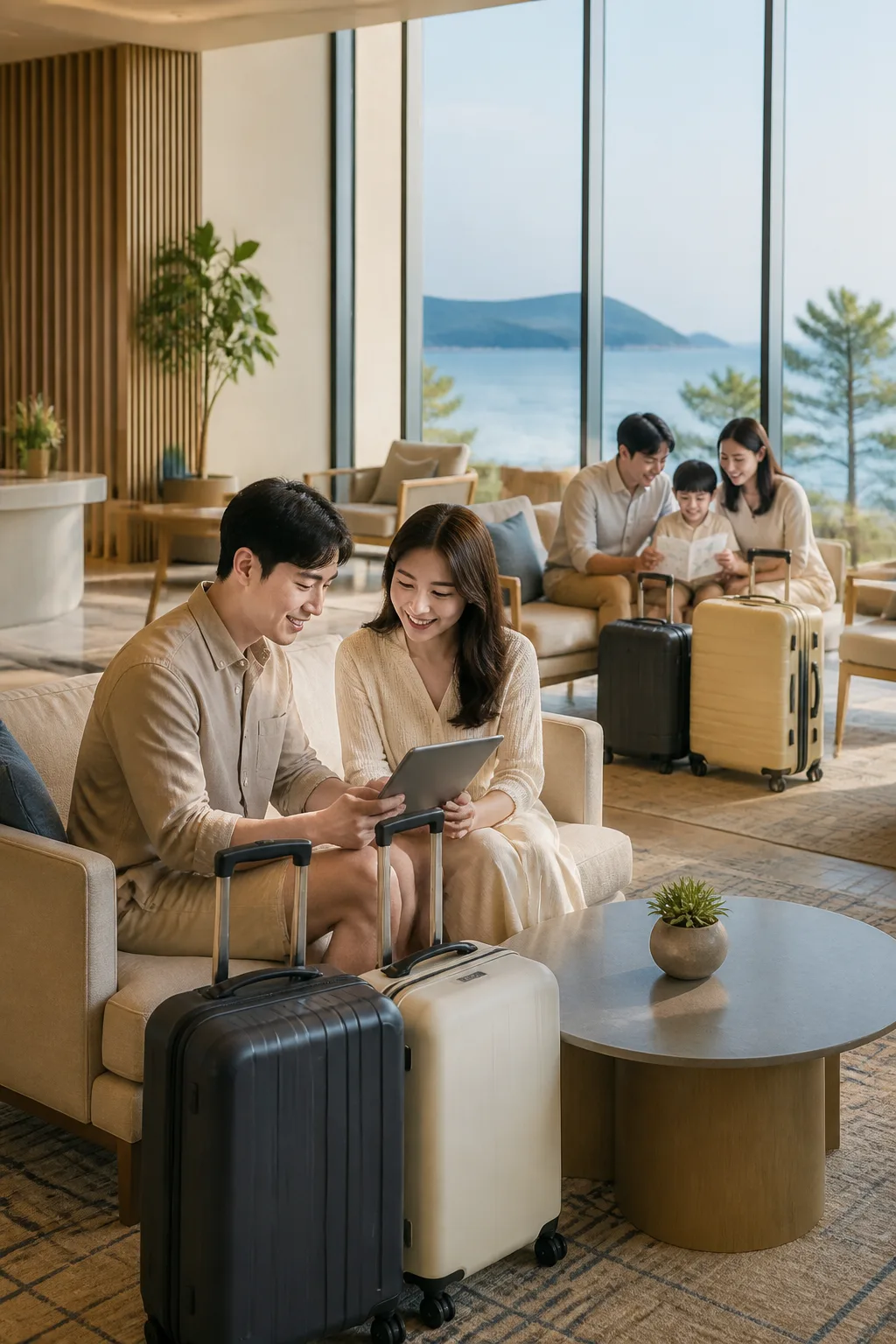 강릉호텔 로비 라운지에서 바다 일정 전후 잠시 쉬는 여행객들
