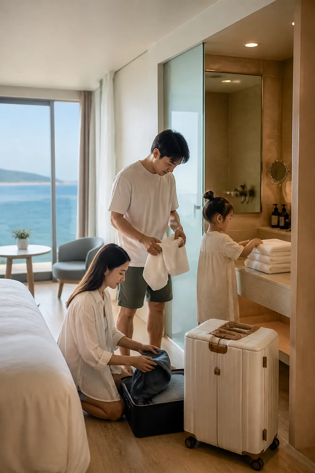 강릉호텔 객실 욕실에서 어메니티와 수건을 확인하며 바다 여행을 준비하는 가족