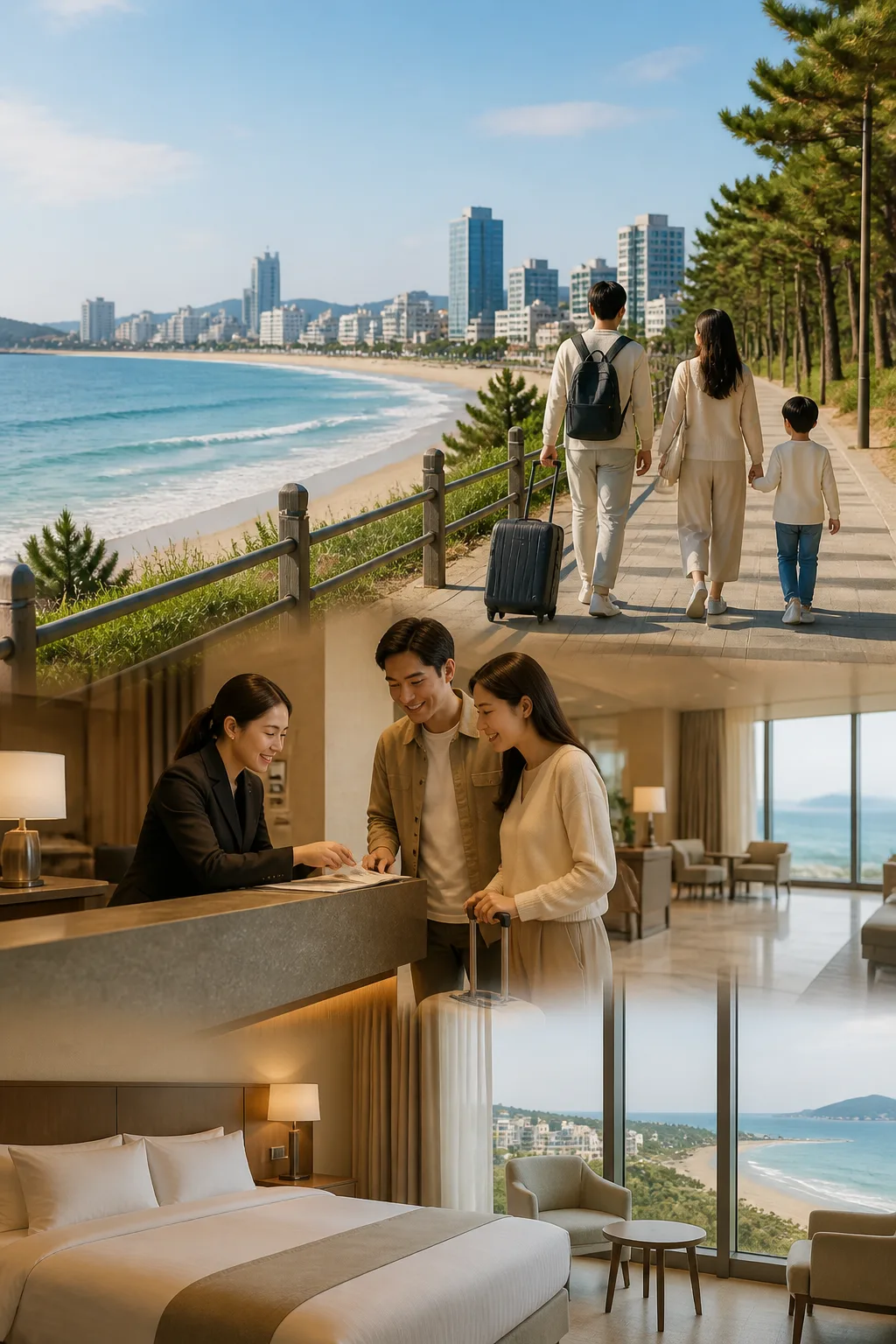 강릉 바다와 도심 여행을 준비하며 호텔 체크인 조건을 확인하는 커플과 가족