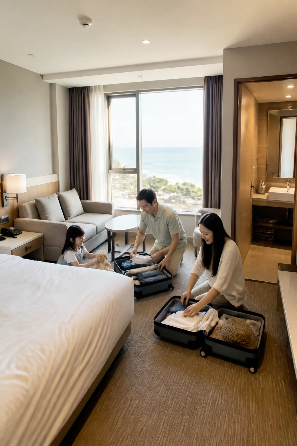 바다 여행 후 캐리어를 정리하는 강릉호텔 객실과 침대·소파 공간