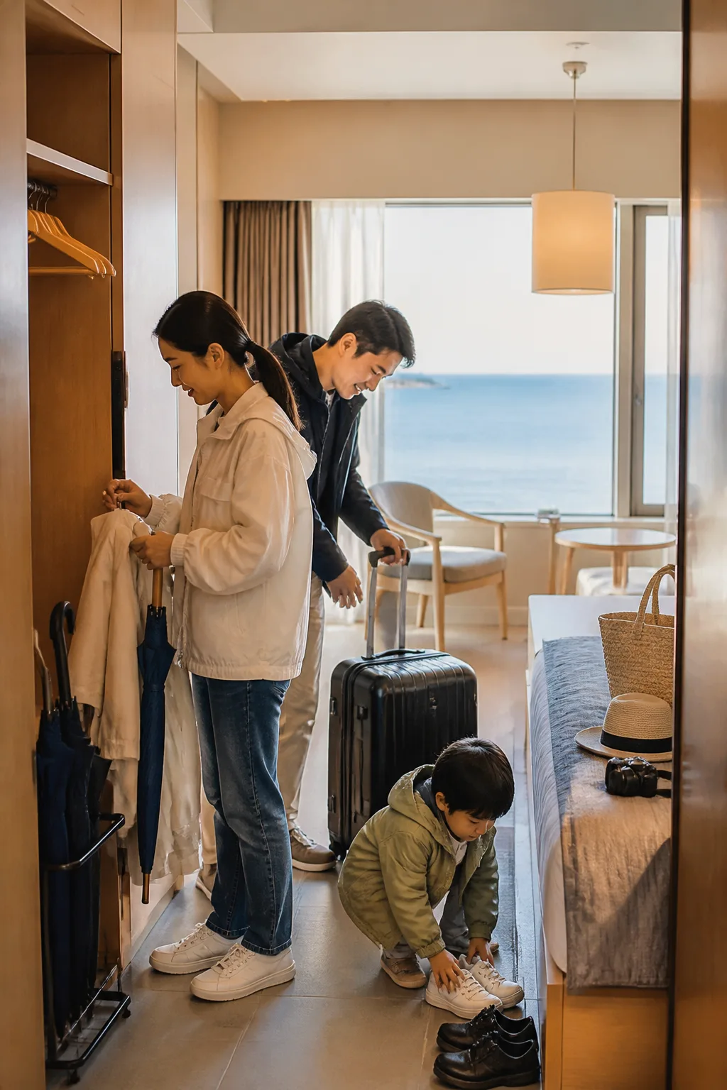 강릉호텔 객실 입구에서 해변 외출 후 우산과 신발을 정리하는 여행객