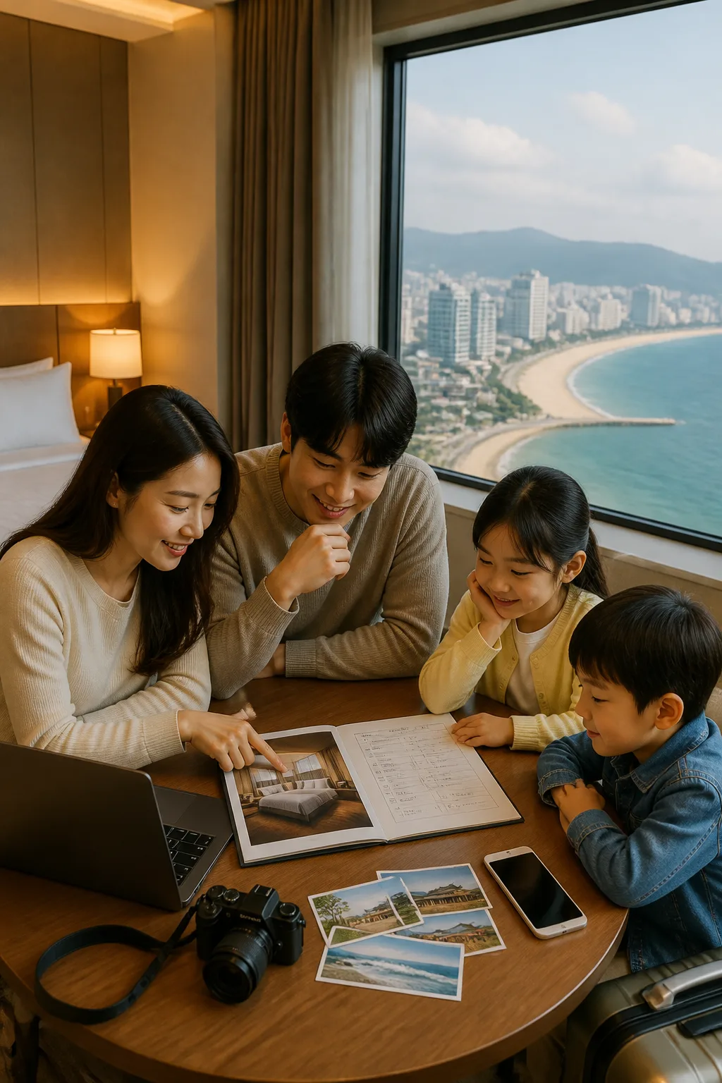 강릉호텔 객실에서 바다와 도심 여행 비용을 비교하는 가족 여행 준비 모습